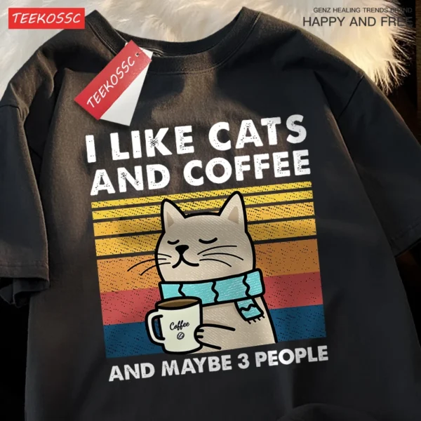 Camiseta I Like Cats And Coffee para hombre y mujer, Camiseta de algodón, ropa holgada de Hip Hop, camiseta de cuello redondo a la moda, ropa de calle para parejas - Imagen 12