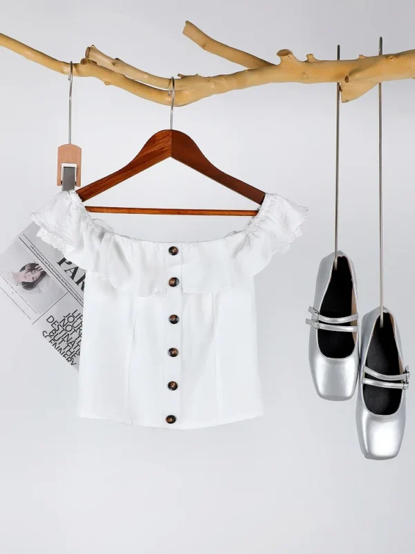 Camiseta con volantes y hombros descubiertos para mujer, Top informal de retazos de encaje para mujer y niña, camisetas blancas, Tops de verano, ropa para mujer - Imagen 6
