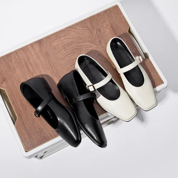 Zapatos Mary Jane de cuero genuino para mujer 2025, nuevos zapatos de Ballet a presión, zapatos planos de piel de vaca con punta cuadrada para mujer