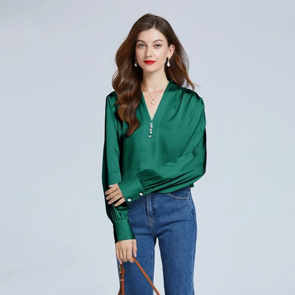 Camisas 100% de seda para mujer, blusas de diseñador, ropa de lujo para mujer, blusa con manga acampanada y cuello en V con botones de diamantes para mujer - Imagen 5