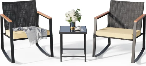 Juego de bistró mecedora para Patio de 3 piezas con reposabrazos antiescaldaduras, juego de muebles de mimbre para Patio exterior con mesa de cristal y cojín - Imagen 7