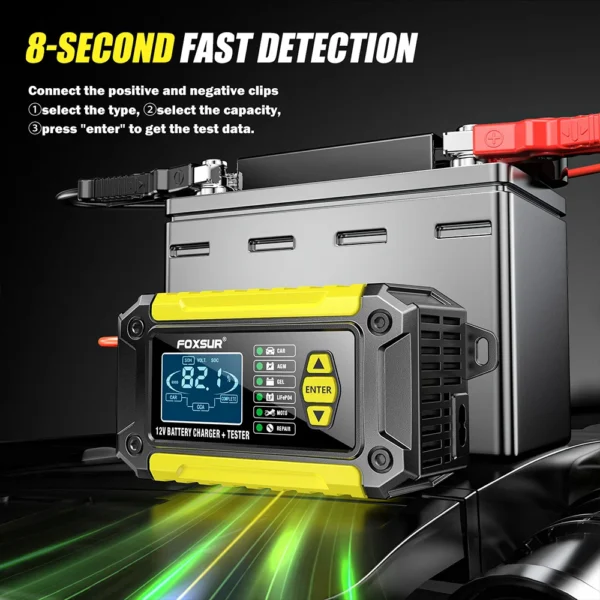 Cargador y probador de batería de coche 2 en 1, 12V, 6A, pantalla LCD de 1,9 ", mantenimiento de batería inteligente de plomo y ácido AGM LiFePO4 para motocicleta y camión - Imagen 4