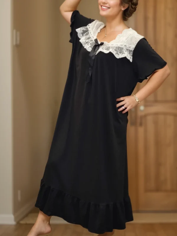 Camisón de encaje blanco sexy para mujer de talla grande - Ropa de dormir holgada de manga corta decorada con lazo negro para fiesta y hogar - Imagen 4
