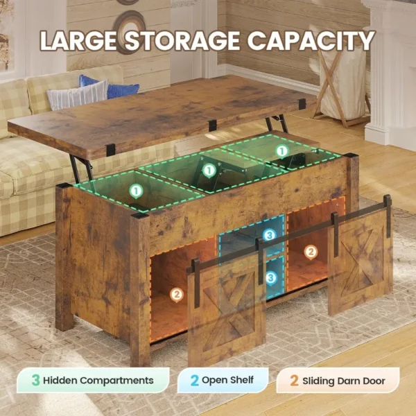 Mesa de centro elevable, mesas de centro convertibles 4 en 1 con almacenamiento y compartimento oculto para sala de estar - Imagen 4