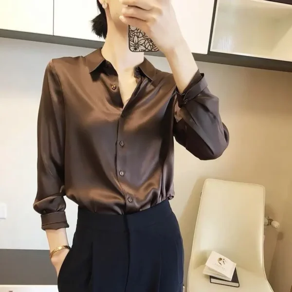 Camisas y blusas con acabado satinado que combinan con todo, ropa de mujer, Top informal OL, camisas elegantes con botones de manga larga, blusas sólidas francesas - Imagen 19