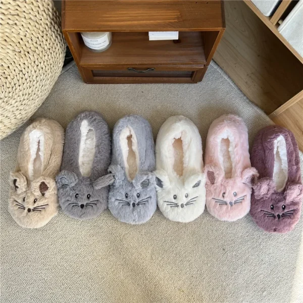 Zapatilla de casa para mujer, piel de invierno, felpa cálida, agarre antideslizante, interior, esponjoso, perezoso, orejas de ratón, zapatos peludos, lindo y divertido - Imagen 4