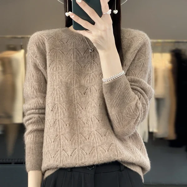 Suéter de punto nuevo para mujer, Top calado, 100% de lana merina, jersey con cuello redondo, suéter de Cachemira, primavera y otoño - Imagen 7