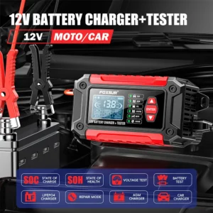 Cargador y probador de batería de coche 2 en 1, 12V, 6A, pantalla LCD de 1,9 ", mantenimiento de batería inteligente de plomo y ácido AGM LiFePO4 para motocicleta y camión