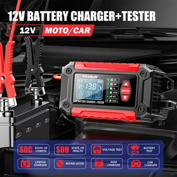 Cargador y probador de batería de coche 2 en 1, 12V, 6A, pantalla LCD de 1,9 ", mantenimiento de batería inteligente de plomo y ácido AGM LiFePO4 para motocicleta y camión