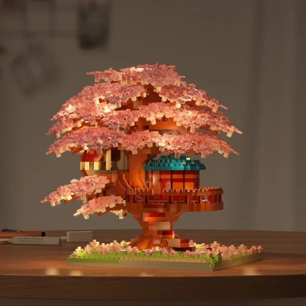 Bloques de construcción modelo clásico ladrillos juguetes para niños DIY púrpura romántico flor de cerezo rosa árbol casa tren montaje - Imagen 6