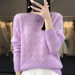 Suéter de punto nuevo para mujer, Top calado, 100% de lana merina, jersey con cuello redondo, suéter de Cachemira, primavera y otoño