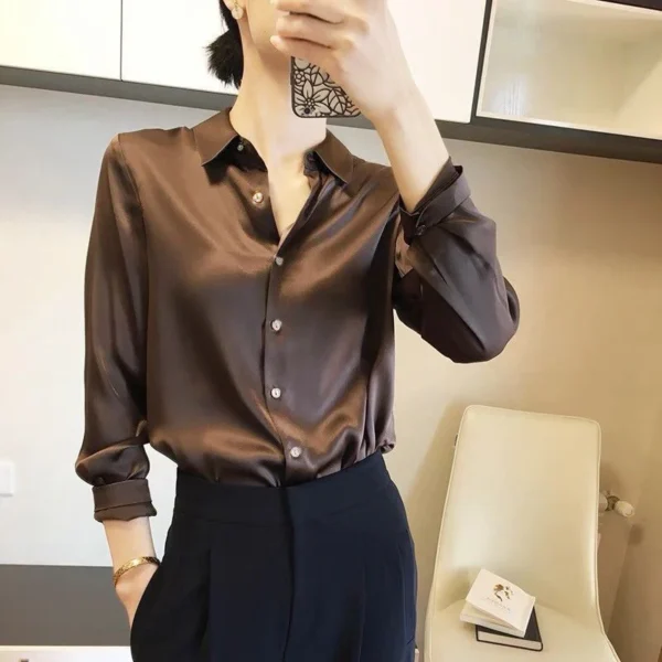 Camisas y blusas con acabado satinado que combinan con todo, ropa de mujer, Top informal OL, camisas elegantes con botones de manga larga, blusas sólidas francesas - Imagen 4
