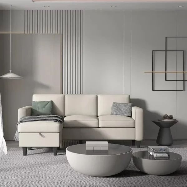 Juego de muebles de sofá de 3 asientos de tela de lino moderno seccional convertible en forma de L con otomana de almacenamiento - Imagen 4