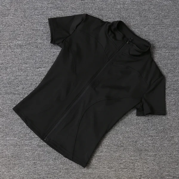Tops de entrenamiento adelgazantes de cintura de alta calidad para mujer, camisas de Yoga de manga corta con cuello levantado ajustado de secado rápido y cremallera completa, verano - Imagen 3