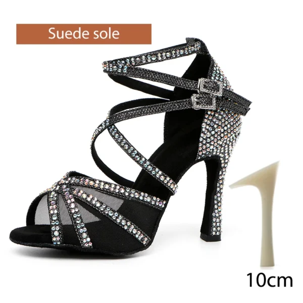 Zapatos de baile latino con diamantes de imitación para mujer, zapatos de baile latino para niña, zapatos de baile de salón negros brillantes para niñas y mujeres - Imagen 7