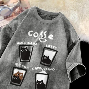 Camiseta Retro americana de algodón con diseño de gato para hombre y mujer, camisetas holgadas de manga corta para parejas, camiseta Vintage Harajuku Y2k para lavado con agua