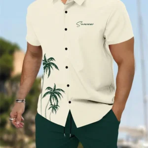 Camisa de manga corta para hombres y pantalones cortos de 2 piezas, conjunto de pantalones cortos con cordón de playa con estampado de árbol de coco a la moda