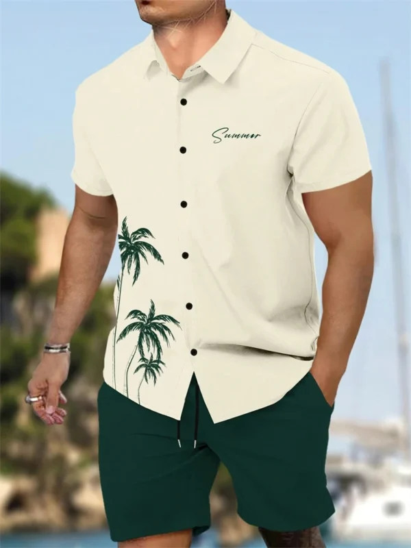 Camisa de manga corta para hombres y pantalones cortos de 2 piezas, conjunto de pantalones cortos con cordón de playa con estampado de árbol de coco a la moda