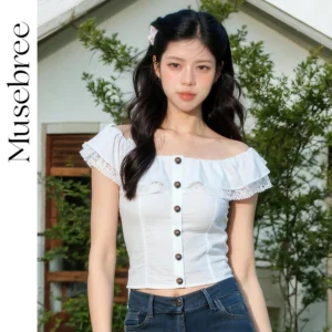 Camiseta con volantes y hombros descubiertos para mujer, Top informal de retazos de encaje para mujer y niña, camisetas blancas, Tops de verano, ropa para mujer