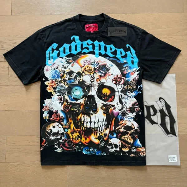 Camiseta hombres mujeres High Street Fire impreso cuello redondo manga corta pareja suelta Casual Top camiseta Foto Real Godspeed - Imagen 2