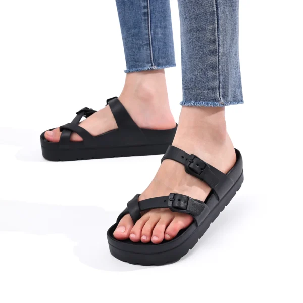 Sandalias deslizantes cómodas para hombres y mujeres, Sandalias planas EVA con doble hebilla ajustable, Sandalias ligeras y gruesas con suela antideslizante - Imagen 2
