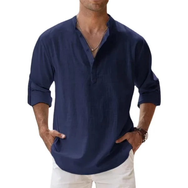 Camisas de lino y algodón para hombres, camisas casuales, camisas ligeras de manga larga Henley Beach, camisetas hawaianas para hombres - Imagen 12