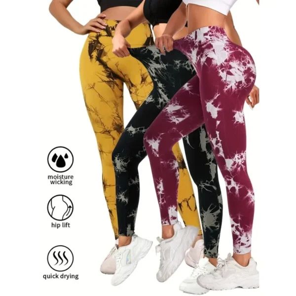 mallas de gimnasio de cintura alta, pantalones de Yoga, mallas sin costuras para mujer, cintura alta Paquete de 3 mallas sin costuras para entrenamiento Tie Dye para mujer, - Imagen 7