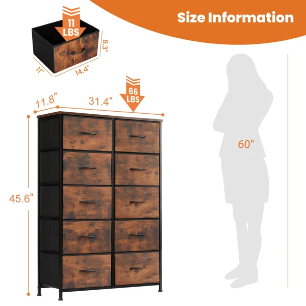 Mesita de noche JHK para dormitorio con 10 cajones de tela, armario con marco de acero para almacenamiento, mueble para sala de estar - Imagen 3