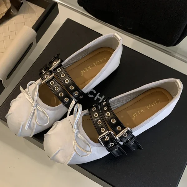 Zapatos de baile Lolita para mujer, bailarinas, calzado de diseñador, hebilla con nudo de mariposa, zapatos de punta redonda de seda a la moda para mujer - Imagen 4