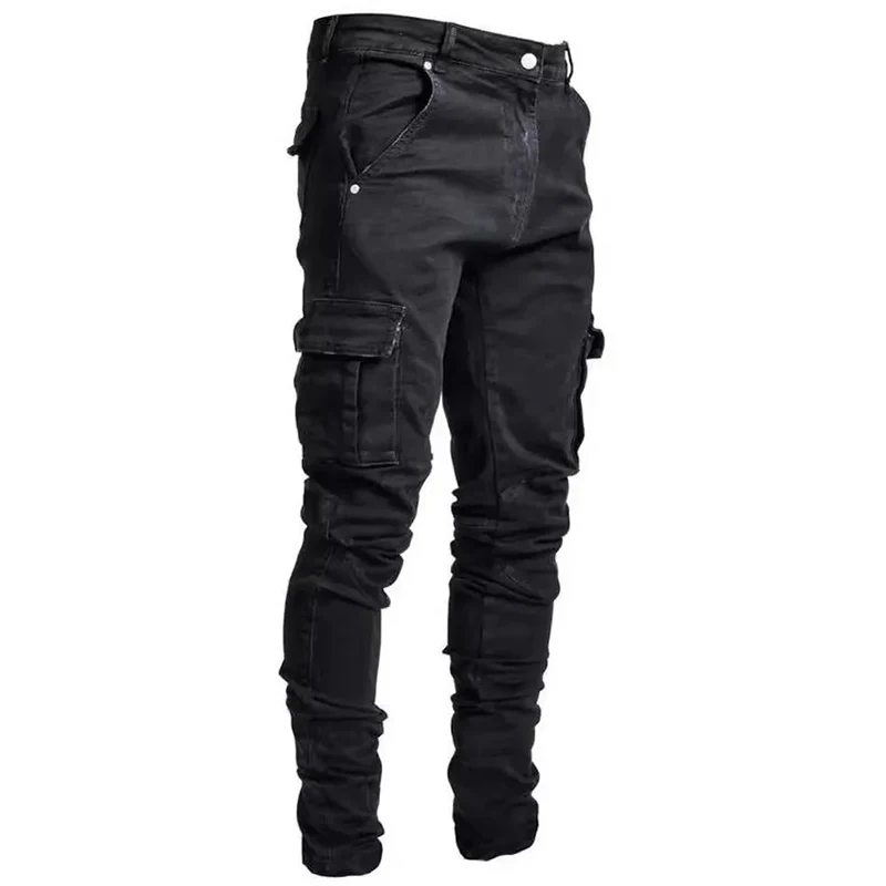 Pantalones vaqueros elásticos de calle para hombre, pantalones Cargo con múltiples bolsillos de Color sólido, pantalones informales ajustados para uso diario, pantalones para correr de cintura media - Imagen 6