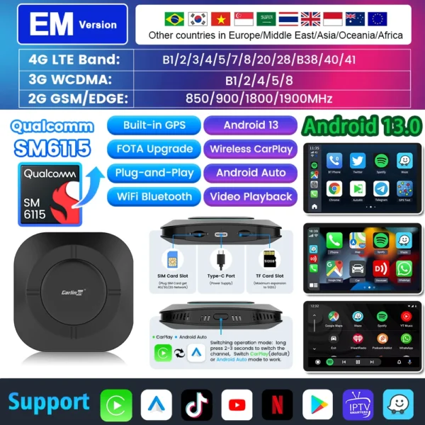 Tv Box Carplay Android Carlinkit Android 13 Auto 8 Core cableado a adaptador inalámbrico para Netflix Spotify Youtube accesorios de coche - Imagen 8