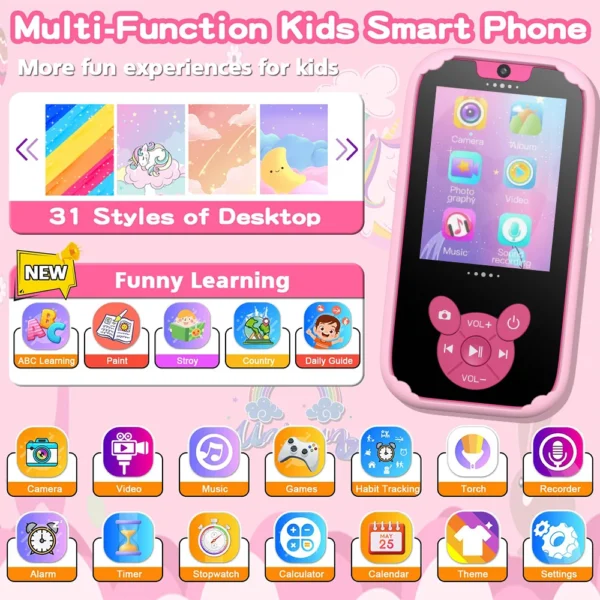 Teléfono Inteligente educativo para niños, cámara Dual, reproductor de música, juego de memoria de 8G, aprendizaje para edad de 3 a 12 años, regalos de cumpleaños - Imagen 2