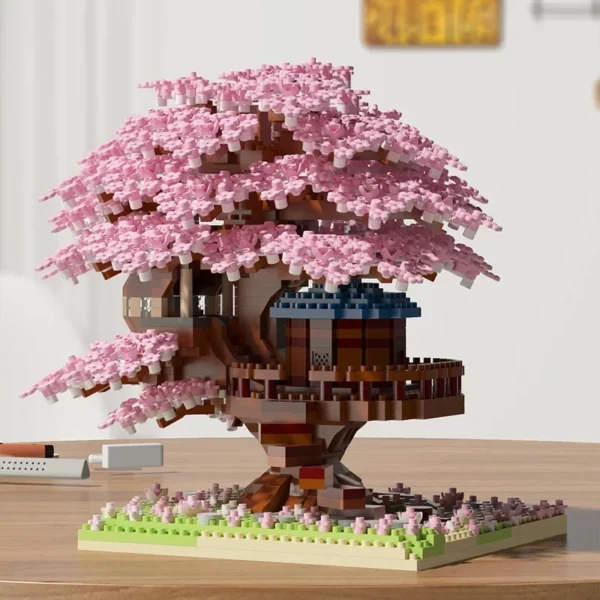 Bloques de construcción modelo clásico ladrillos juguetes para niños DIY púrpura romántico flor de cerezo rosa árbol casa tren montaje - Imagen 5