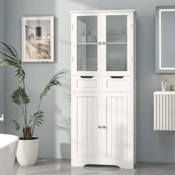 Gabinete de almacenamiento para baño de 67" de alto, gabinete de lino independiente con puertas y estantes de vidrio, gabinete grande para despensa de baño