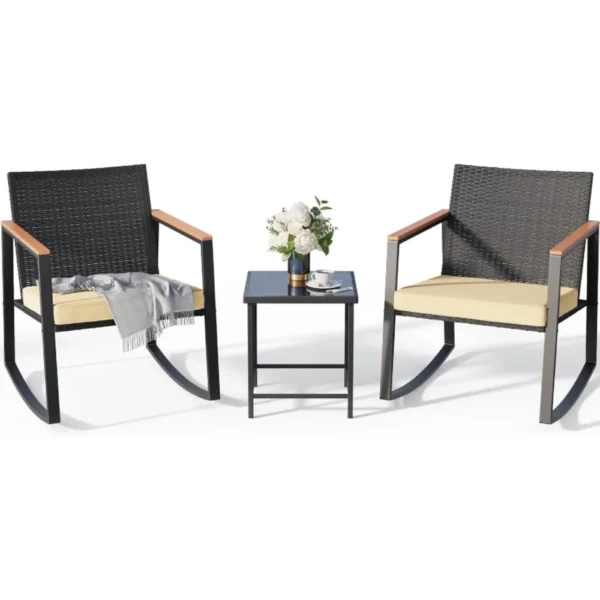 Juego de bistró mecedora para Patio de 3 piezas con reposabrazos antiescaldaduras, juego de muebles de mimbre para Patio exterior con mesa de cristal y cojín