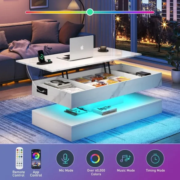 Mesa de centro grande con tapa elevable de 47,2 pulgadas con estación de carga, mesa central moderna LED de alto brillo con compartimento oculto de almacenamiento - Imagen 6