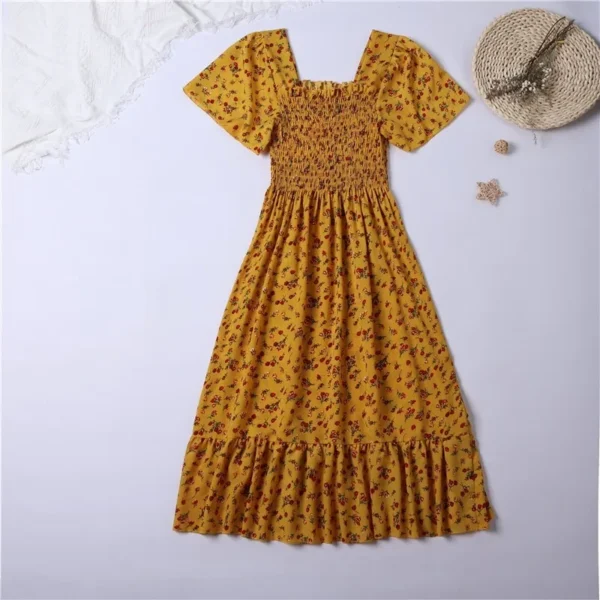 Vestido de gasa de primavera y verano para mujer, vestidos por debajo de la rodilla, manga corta, cintura elástica, estampado Floral, plisado, vestido informal sin espalda - Imagen 4