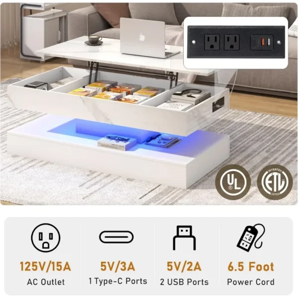 Mesa de centro grande con tapa elevable de 47,2 pulgadas con estación de carga, mesa central moderna LED de alto brillo con compartimento oculto de almacenamiento - Imagen 5