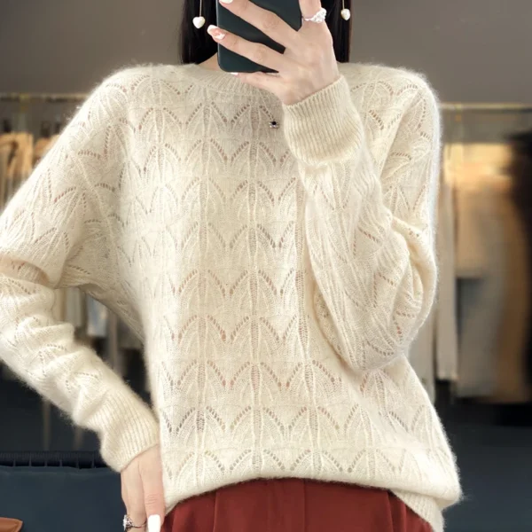 Suéter de punto nuevo para mujer, Top calado, 100% de lana merina, jersey con cuello redondo, suéter de Cachemira, primavera y otoño - Imagen 3