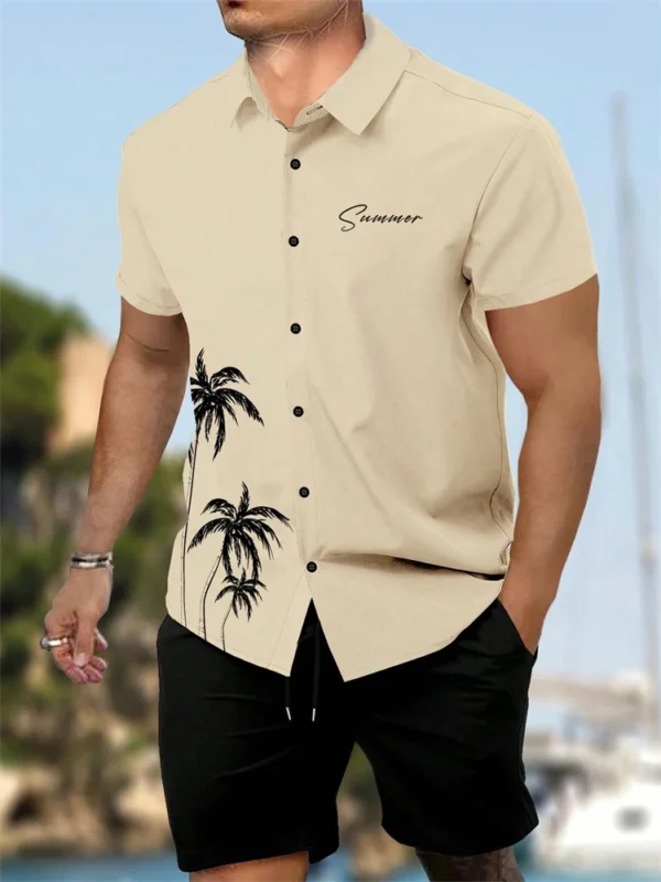 Camisa de manga corta para hombres y pantalones cortos de 2 piezas, conjunto de pantalones cortos con cordón de playa con estampado de árbol de coco a la moda - Imagen 7