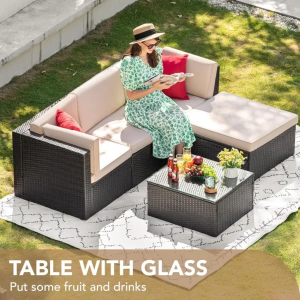 Juego de muebles de Patio de 5 piezas, sofá seccional para Patio exterior para todo tipo de clima, sofás para asientos de Patio de mimbre tejido Manual - Imagen 4