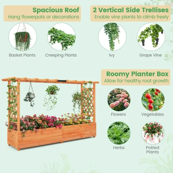 Cama de jardín elevada con enrejado y techo colgante, fiorrera de madera con parte inferior y orificios de drenaje, plano de jardín independiente - Imagen 5