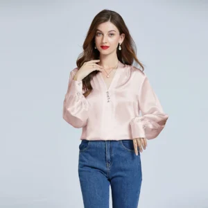 Camisas 100% de seda para mujer, blusas de diseñador, ropa de lujo para mujer, blusa con manga acampanada y cuello en V con botones de diamantes para mujer