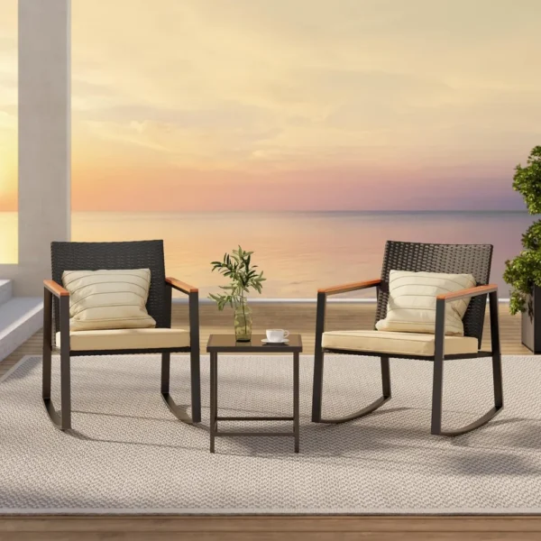 Juego de bistró mecedora para Patio de 3 piezas con reposabrazos antiescaldaduras, juego de muebles de mimbre para Patio exterior con mesa de cristal y cojín - Imagen 3