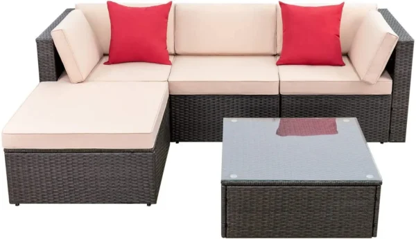 Juego de muebles de Patio de 5 piezas, sofá seccional para Patio exterior para todo tipo de clima, sofás para asientos de Patio de mimbre tejido Manual - Imagen 7