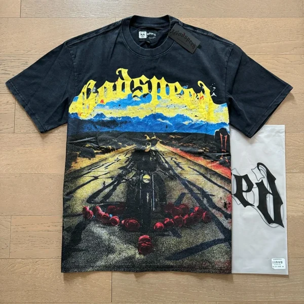 Camiseta hombres mujeres High Street Fire impreso cuello redondo manga corta pareja suelta Casual Top camiseta Foto Real Godspeed - Imagen 10