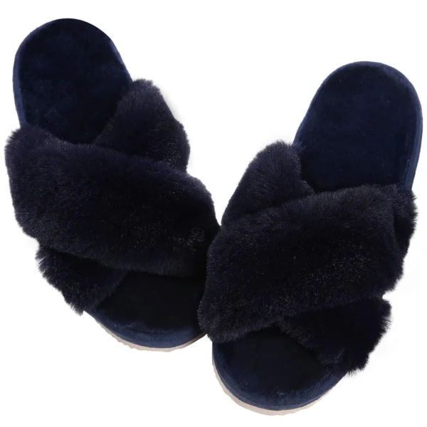 Zapatillas de casa peludas a la moda, chanclas de piel esponjosa para mujer, zapatillas planas peludas para dormitorio, zapatos de interior con banda cruzada de suela gruesa - Imagen 15