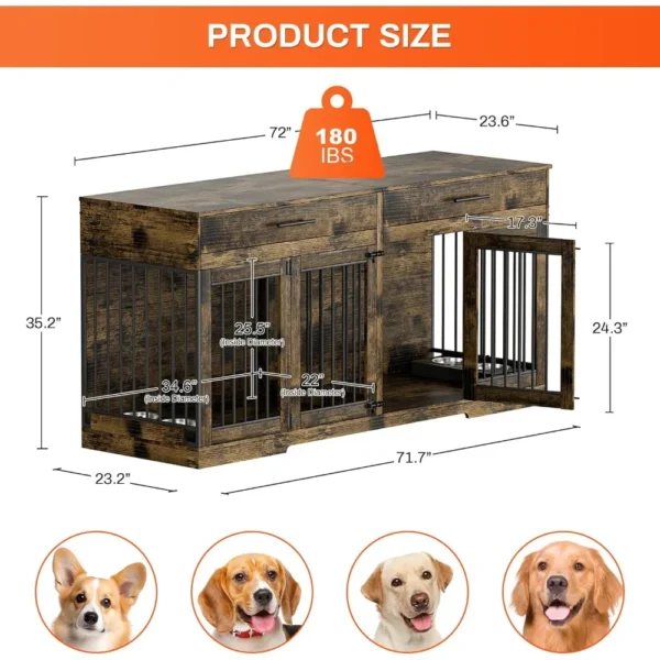 Muebles tipo jaula para perros de 72 pulgadas para 2 perros, muebles tipo perrera grande con 2 cajones de almacenamiento y 4 tazones, jaula para perros de madera con extraíble - Imagen 2