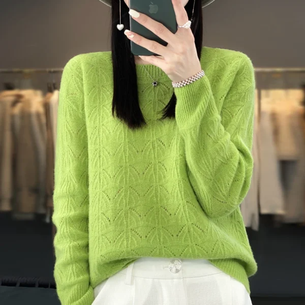 Suéter de punto nuevo para mujer, Top calado, 100% de lana merina, jersey con cuello redondo, suéter de Cachemira, primavera y otoño - Imagen 4