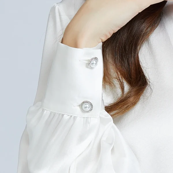 Camisas 100% de seda para mujer, blusas de diseñador, ropa de lujo para mujer, blusa con manga acampanada y cuello en V con botones de diamantes para mujer - Imagen 6